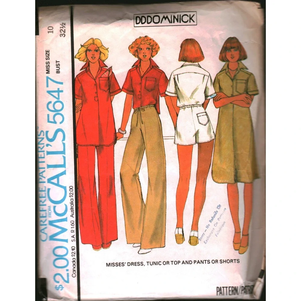 Vintage 1977 McCalls 5647 Sewing Pattern Misses Dress Tunic Top Pants Shorts 10